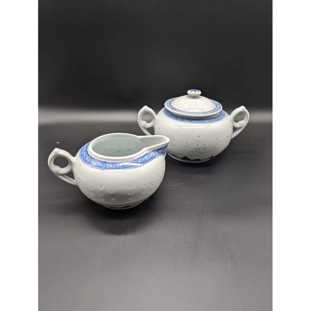 Vintage‎ Jingdezhen Rice Grain Sugar Creamer Set Chrysanthemum Porcelain Tea